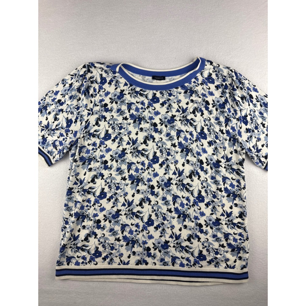 Talbots Blue Floral Short Sleeve Cotton Rayon Knit Sweater Top Crew Neck Puff L